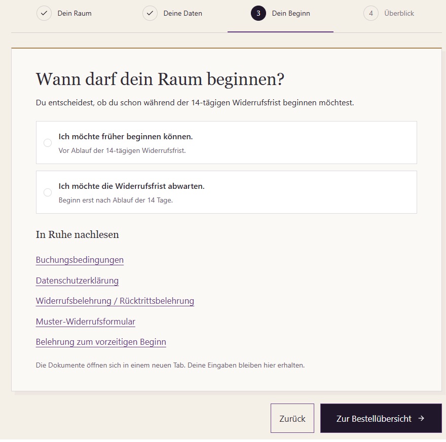 Spiegelräume: Schritt 3 der Buchung: Beginnwahl · Desktop