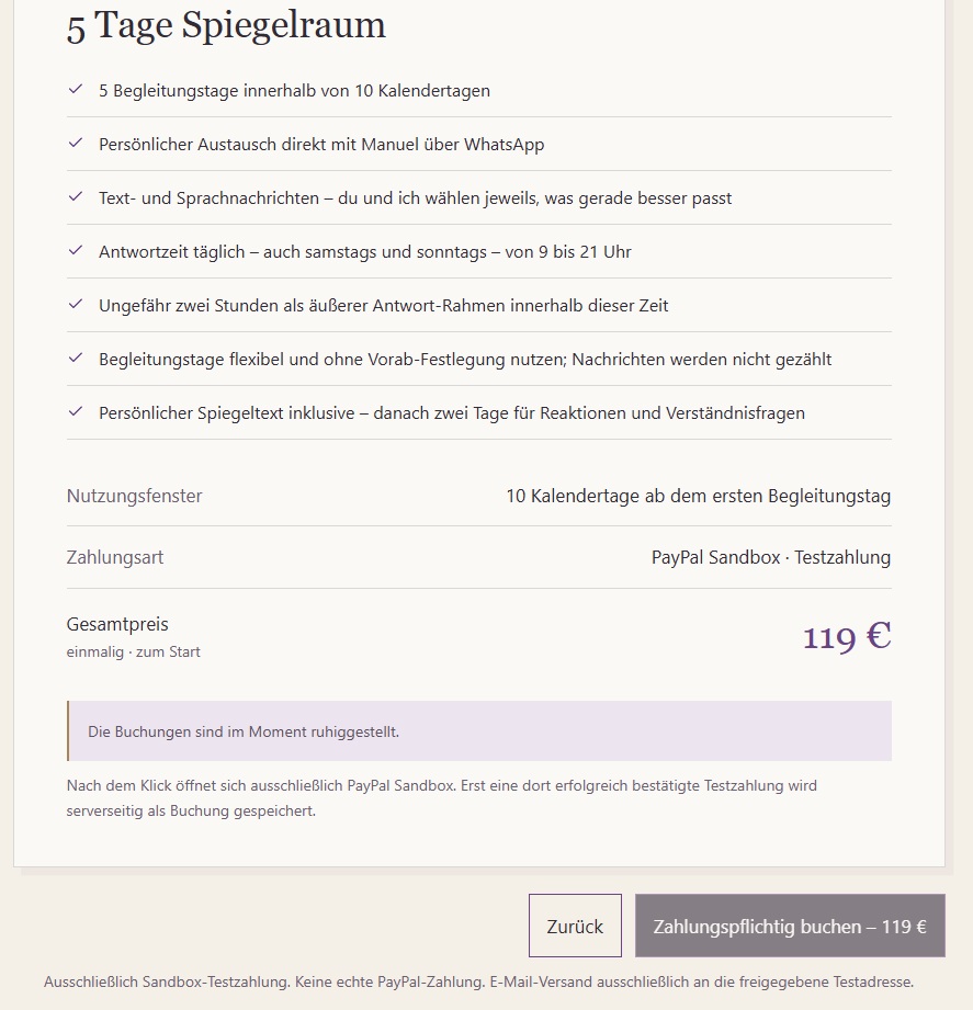 Spiegelräume: Bestellzusammenfassung mit Testzahlung · Desktop